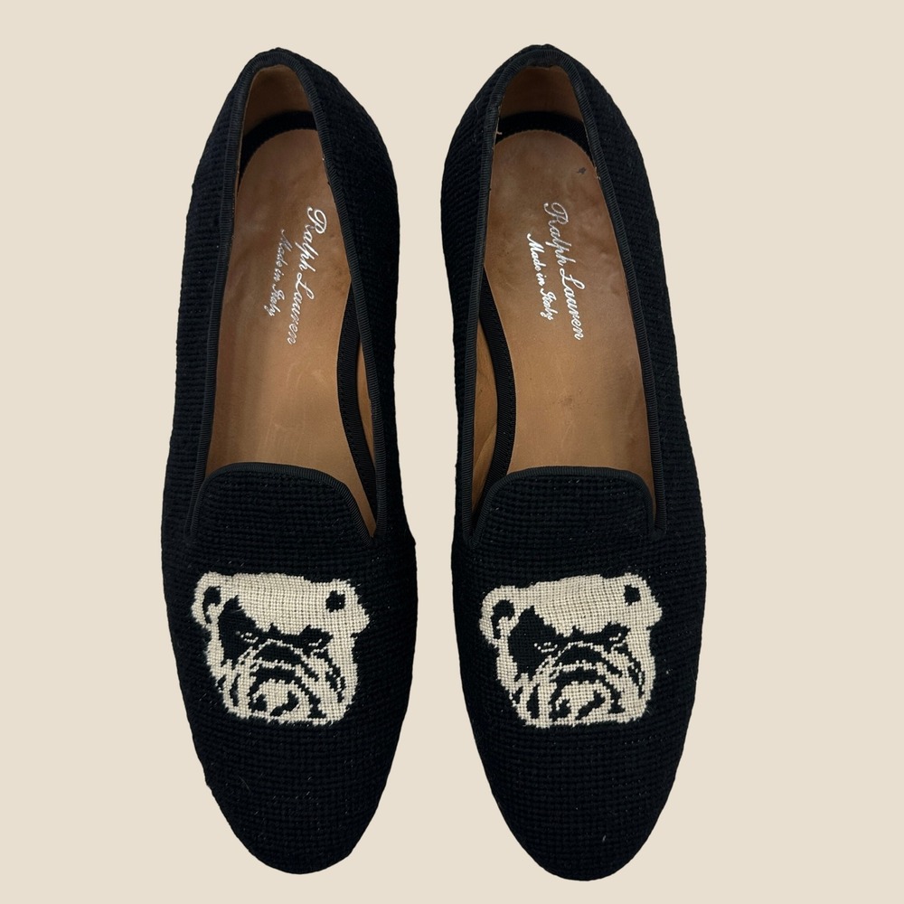 Ralph Lauren Purple Label Mens Bulldog Needlepoint Loafers Black Size 10 D Italy